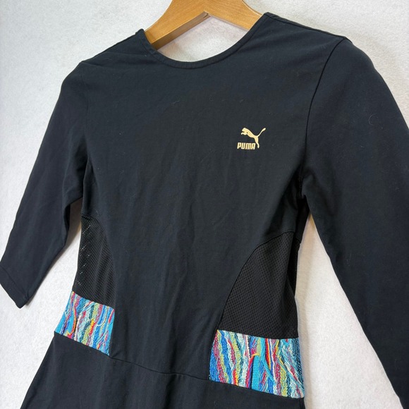 Puma X Coogi Black Bodycon Dress 3/4 Sleeve Crew Neck Scoop Back Womens Sz Small - Picture 3 of 9